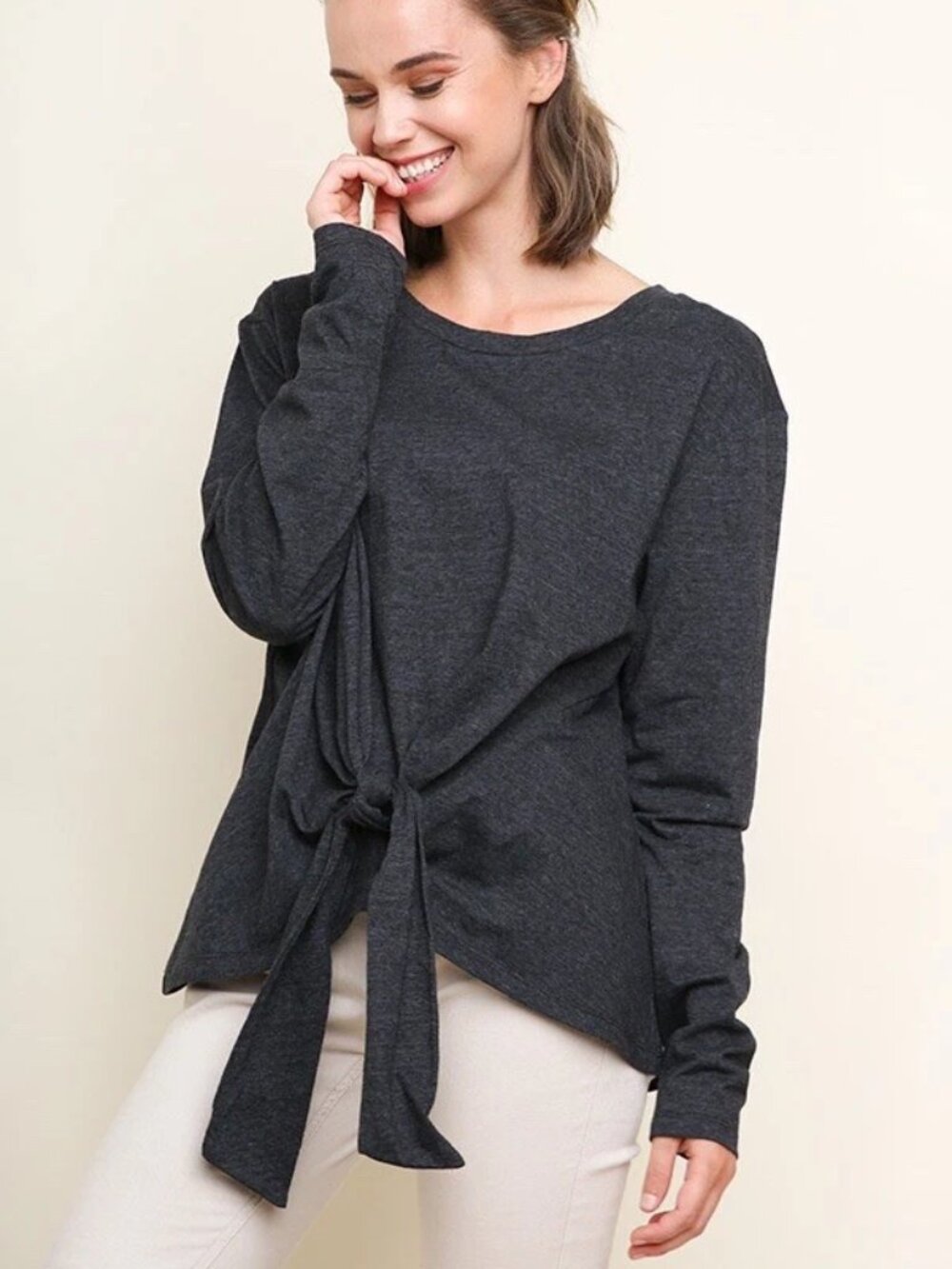 UMGEE Shirt Womens XL Gray Front Tie Knot Hem Long Sleeve Tee Top Jersey Relaxed